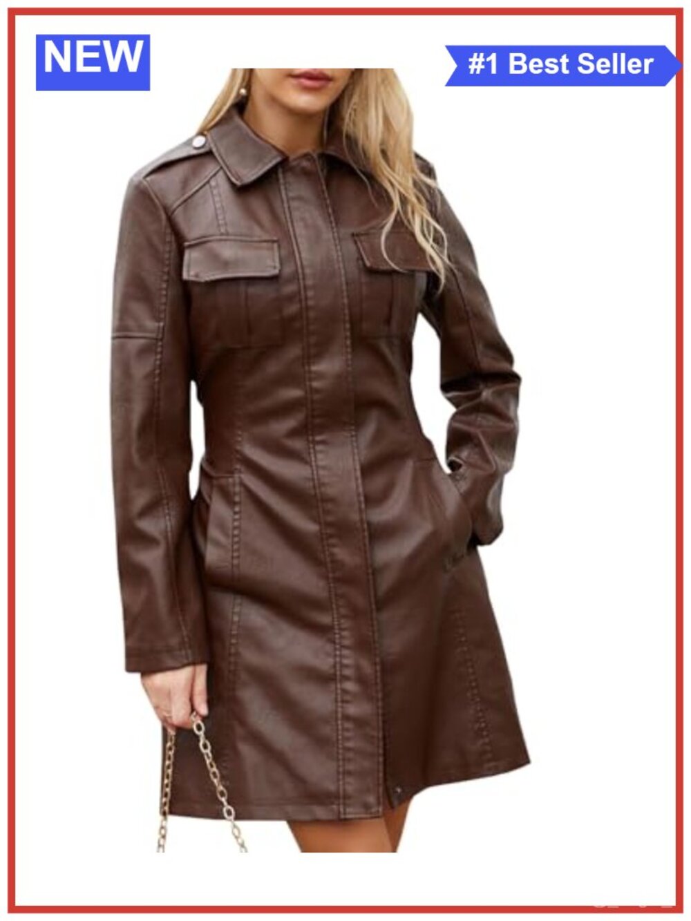 Faux Leather Trench Coat Mid Length Zip Up Belted Overcoat